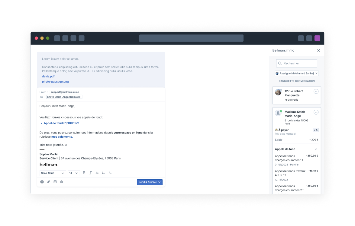 Plugin intégré au client email : injection automatique du contexte copropriétaire et génération de réponses assistées par IA